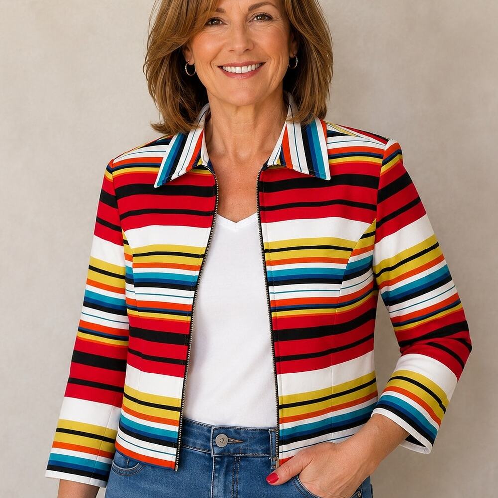 Mishca Colorful Striped Zip Front Crop Lightweight Cotton Jacket Womens Small